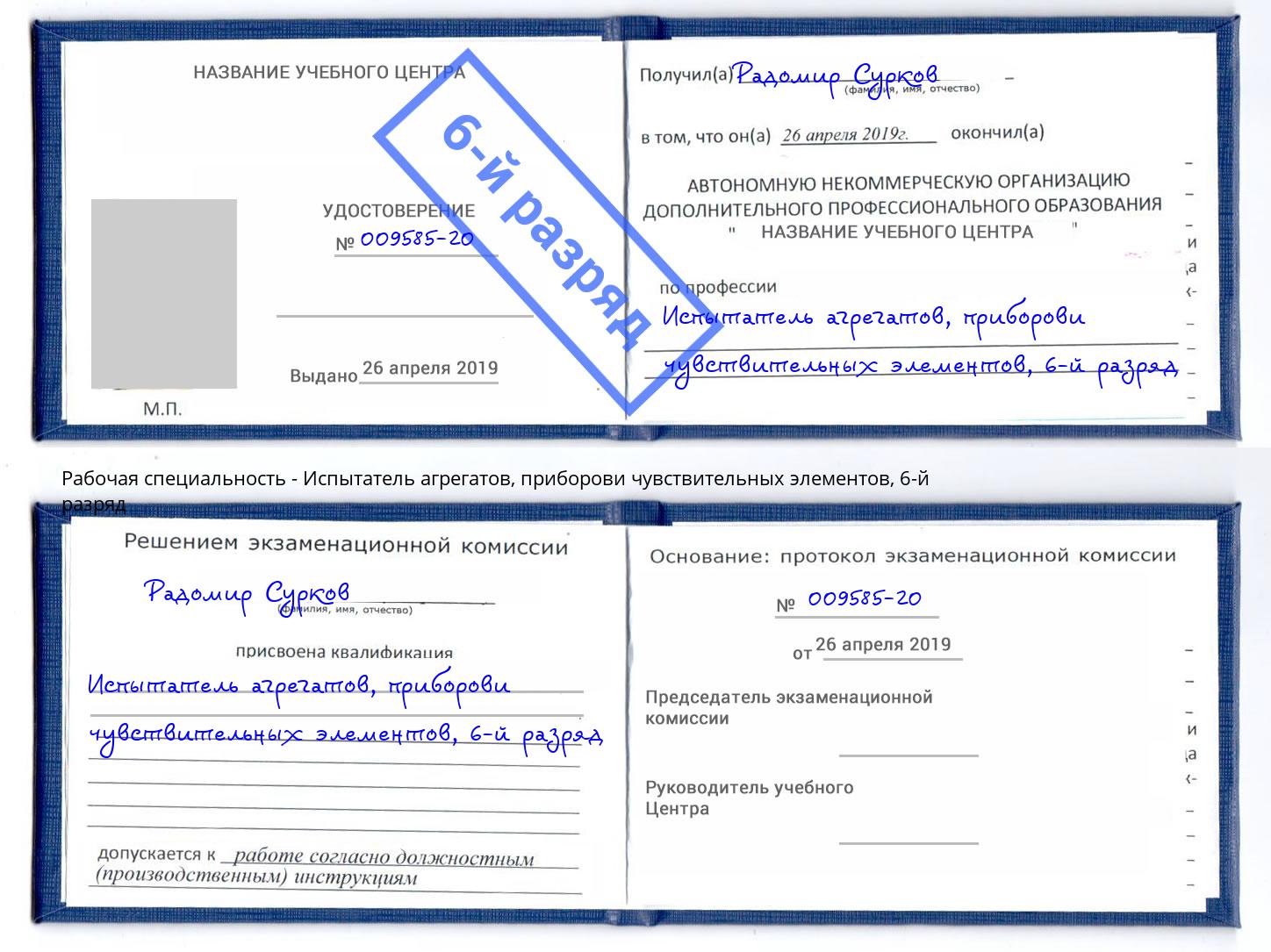 корочка 6-й разряд Испытатель агрегатов, приборови чувствительных элементов Орёл