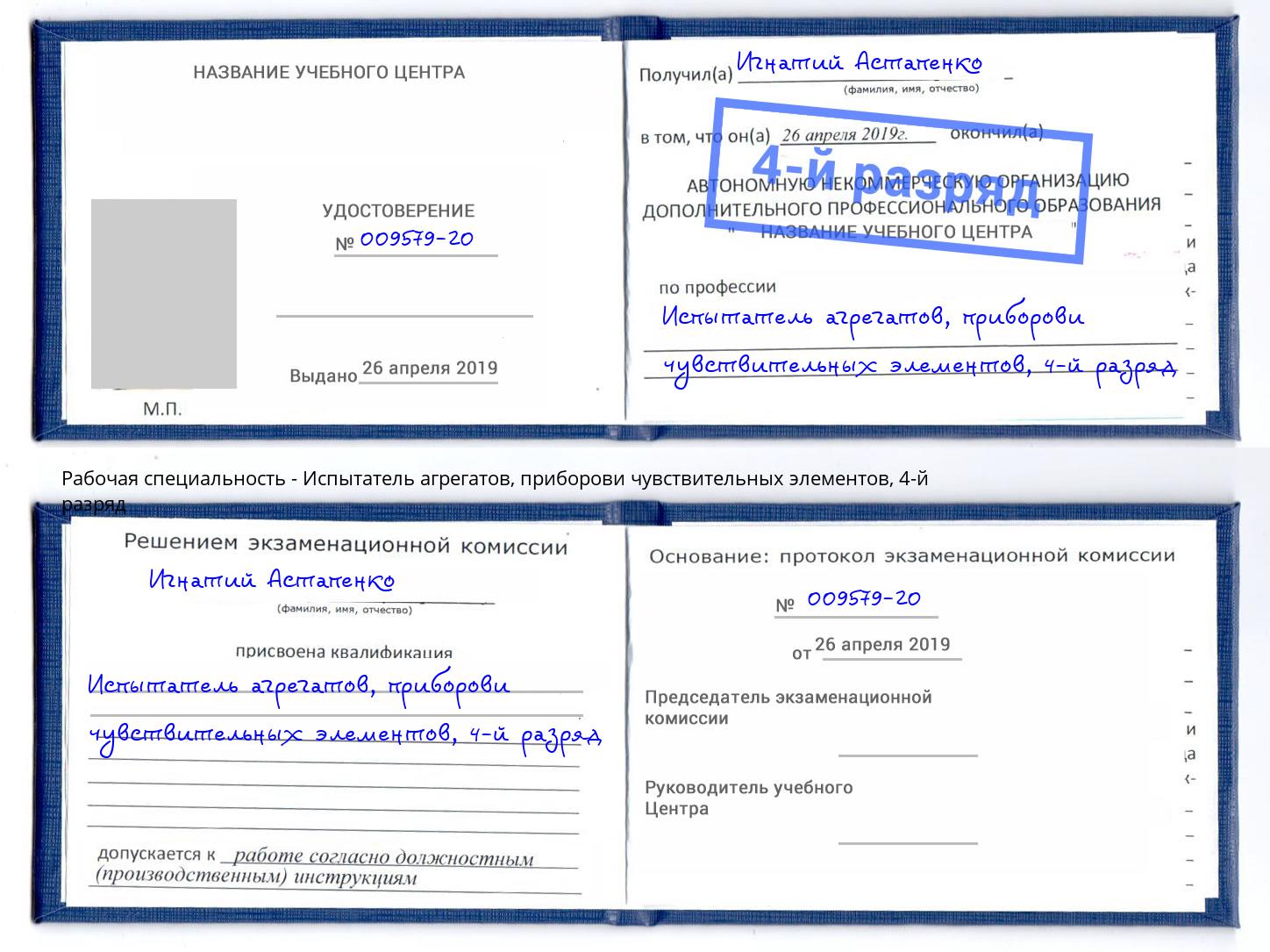 корочка 4-й разряд Испытатель агрегатов, приборови чувствительных элементов Орёл