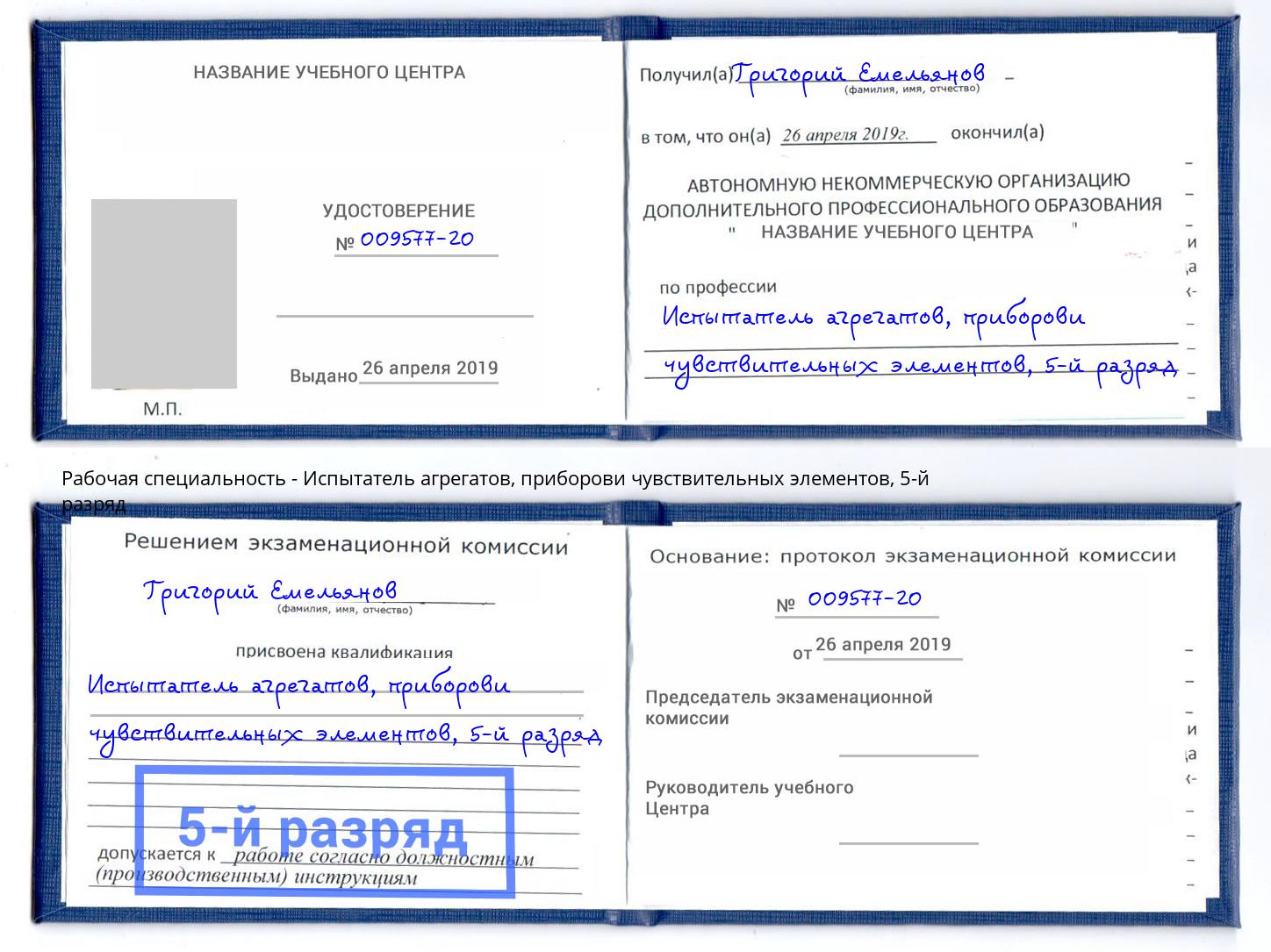 корочка 5-й разряд Испытатель агрегатов, приборови чувствительных элементов Орёл