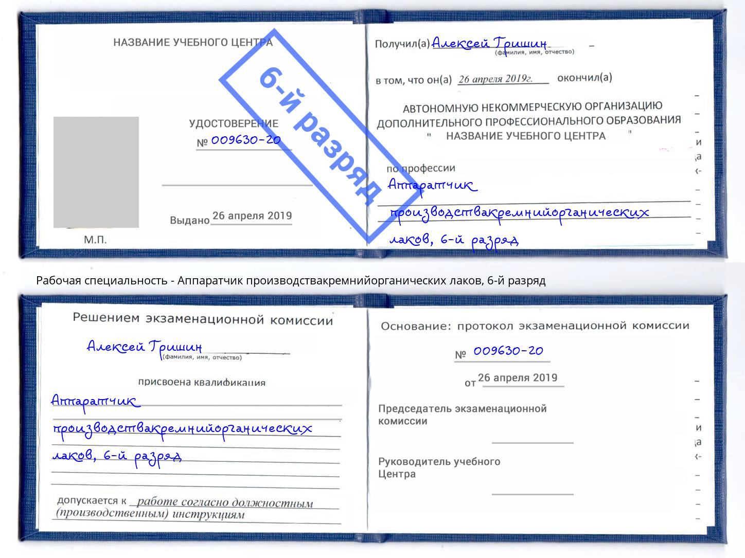 корочка 6-й разряд Аппаратчик производствакремнийорганических лаков Орёл