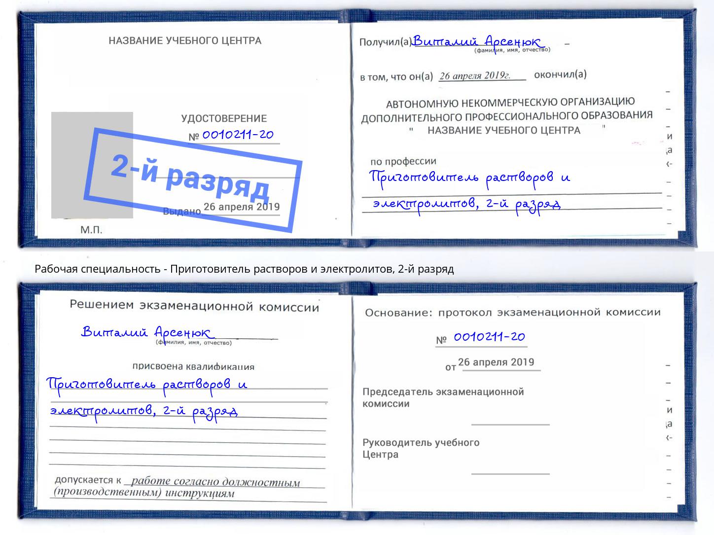 корочка 2-й разряд Приготовитель растворов и электролитов Орёл