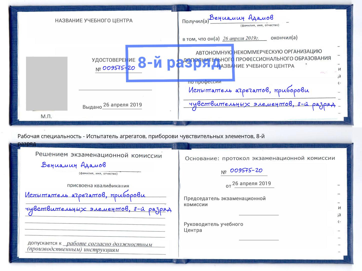 корочка 8-й разряд Испытатель агрегатов, приборови чувствительных элементов Орёл
